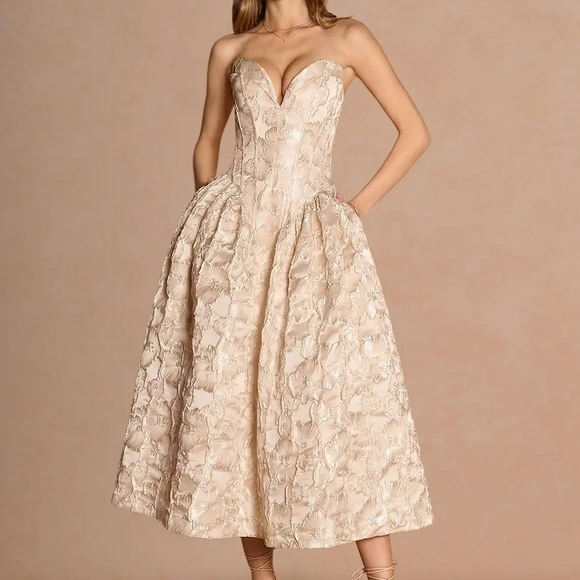 Azazie Dresses & Skirts - Azazie Strapless Floral Jacquard Midi Dress in Vintage Blush Champagne